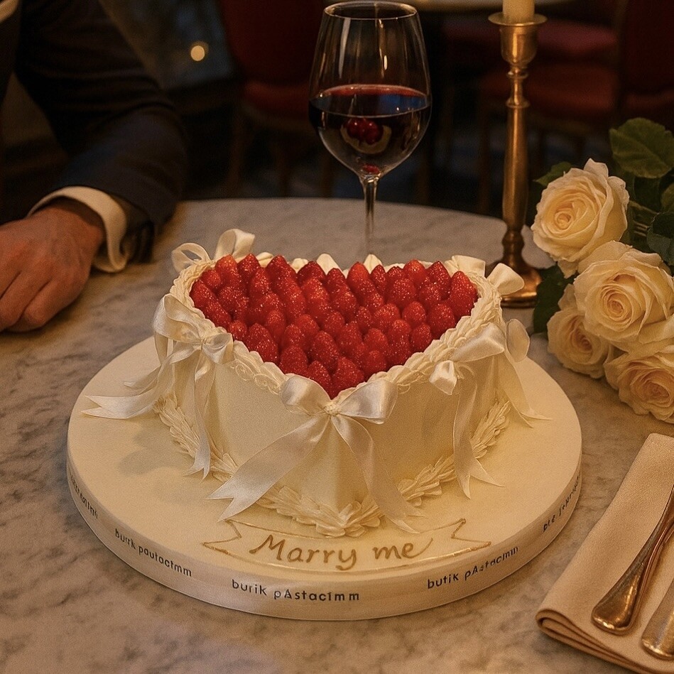 Çilekli Kalpli Kurdeleli Pasta