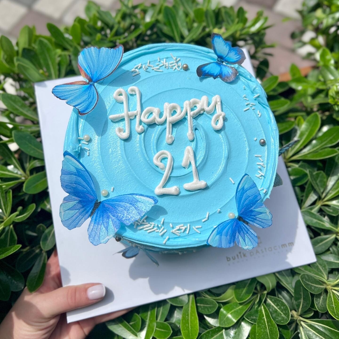 Mavi Kelebekli Yazılı Pasta