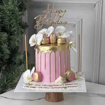 Beyaz Orkideli Tasarım Pasta (Pembe)