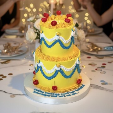 İki Katlı Vintage Dizayn Kirazlı Pasta (Sarı)