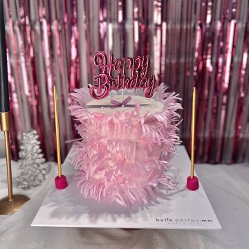 Wafer Paper Pembe Püsküllü Süslü Tasarım Pasta